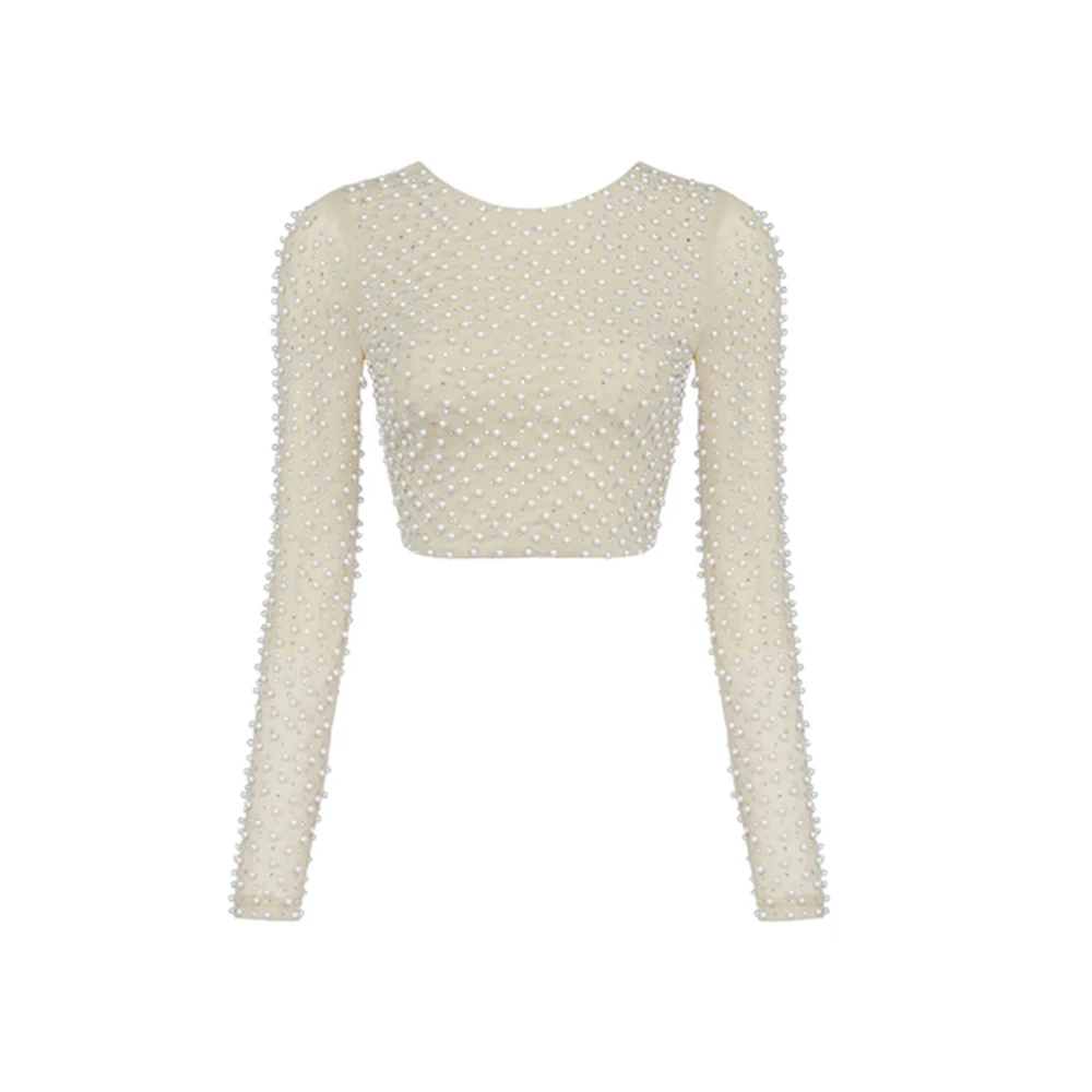 Sexy Beading Fashion Top Women Long Sleeve Clothes Club Party Sexy Mesh Vintage Elegant Tops
