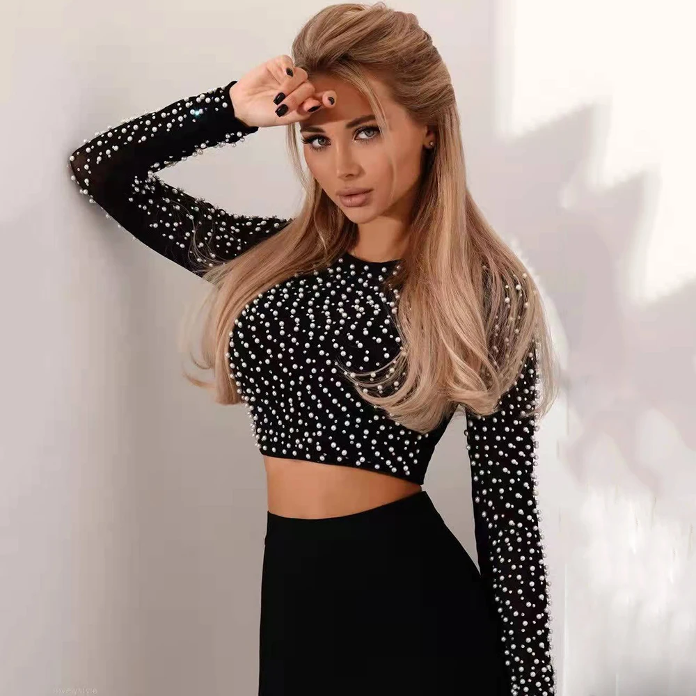 Sexy Beading Fashion Top Women Long Sleeve Clothes Club Party Sexy Mesh Vintage Elegant Tops