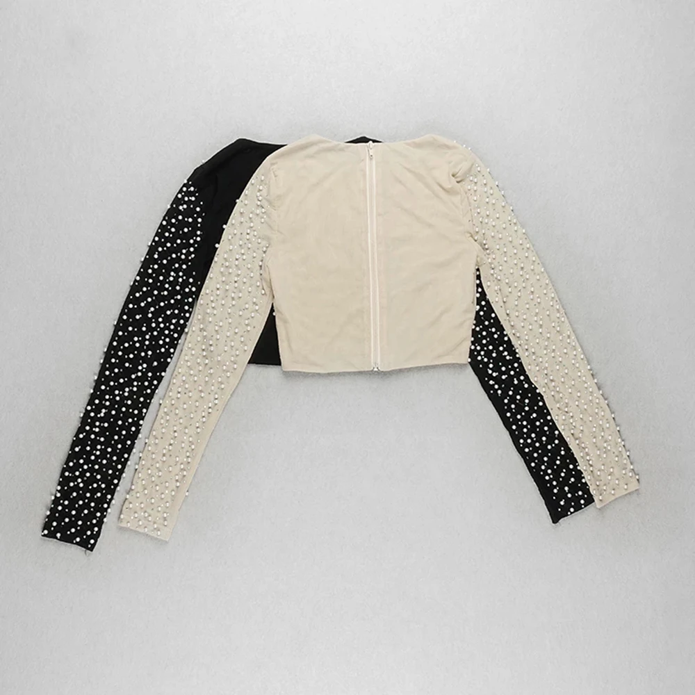 Sexy Beading Fashion Top Women Long Sleeve Clothes Club Party Sexy Mesh Vintage Elegant Tops