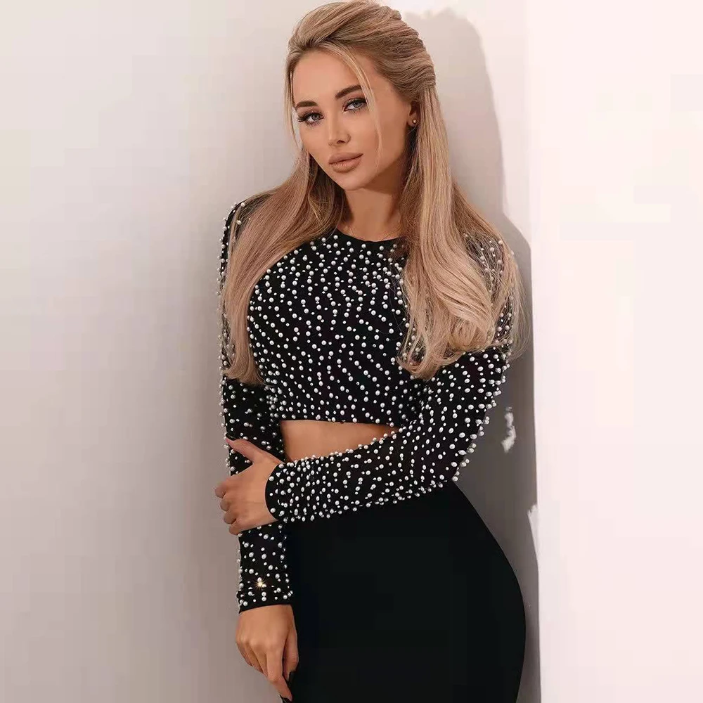 Sexy Beading Fashion Top Women Long Sleeve Clothes Club Party Sexy Mesh Vintage Elegant Tops