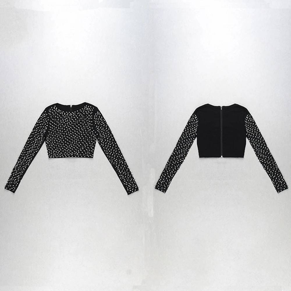 Sexy Beading Fashion Top Women Long Sleeve Clothes Club Party Sexy Mesh Vintage Elegant Tops