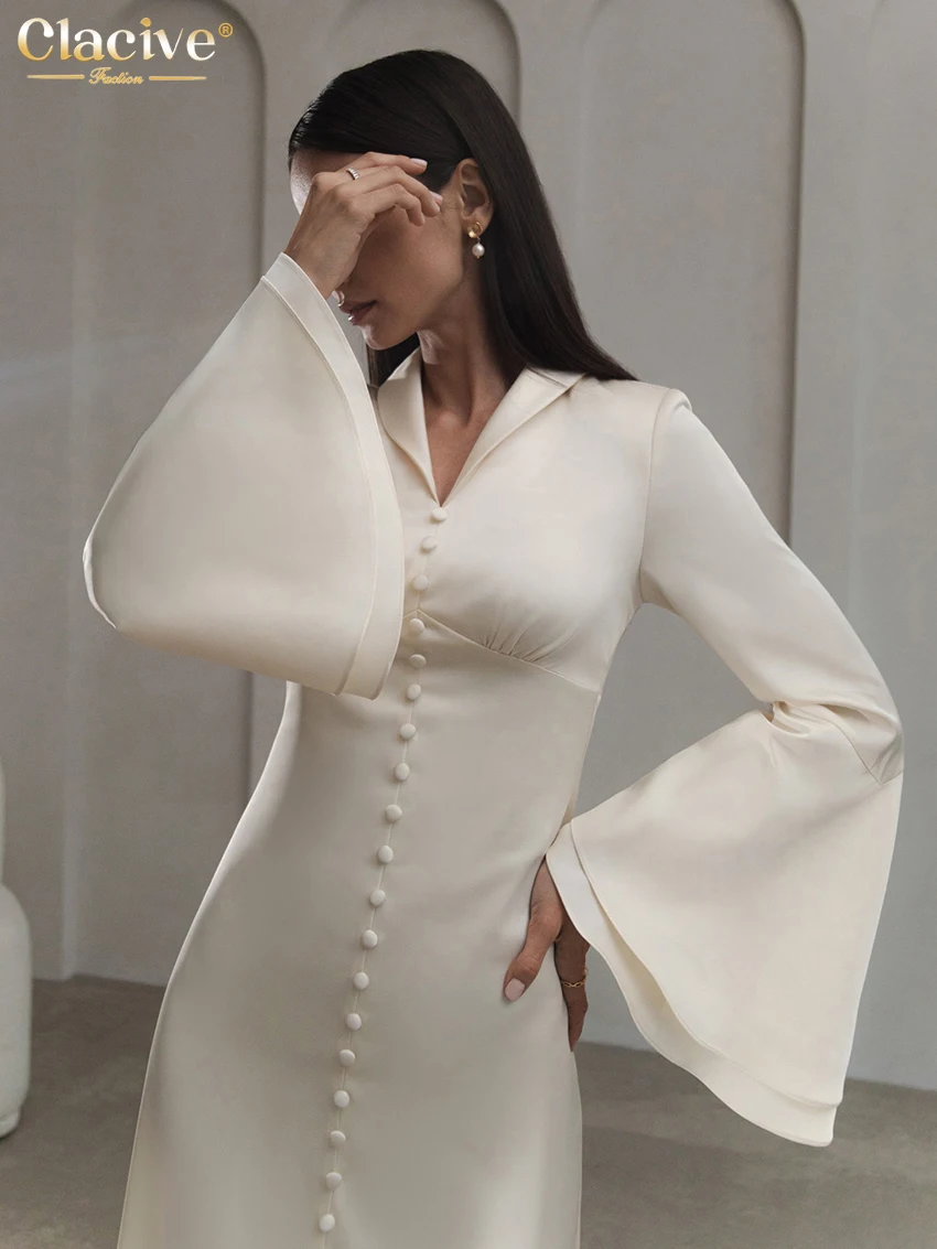 Clacive Fashion Slim Beige Satin Women Dress Elegant Lapel Long Sleeve Ankle Length Dresses Vintage Ruffle Single Breasted Dress