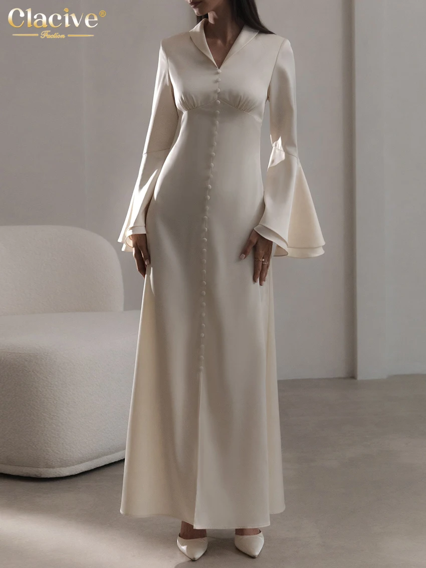Clacive Fashion Slim Beige Satin Women Dress Elegant Lapel Long Sleeve Ankle Length Dresses Vintage Ruffle Single Breasted Dress