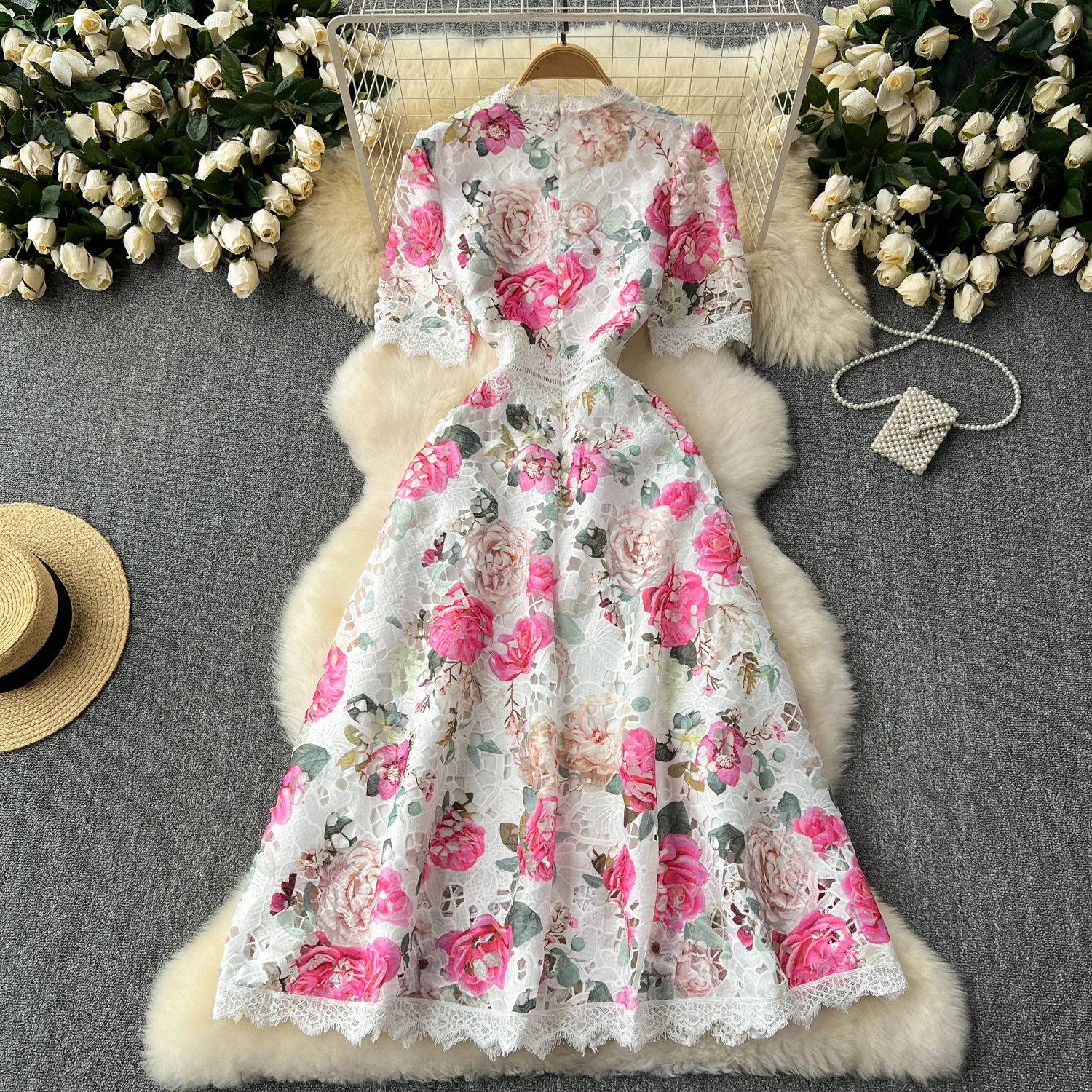 Runway Summer Flower Embroidery Crochet Lace Evening Prom Holiday Dress Women Short Sleeve Lace Patchwork Midi Vestidos 6949