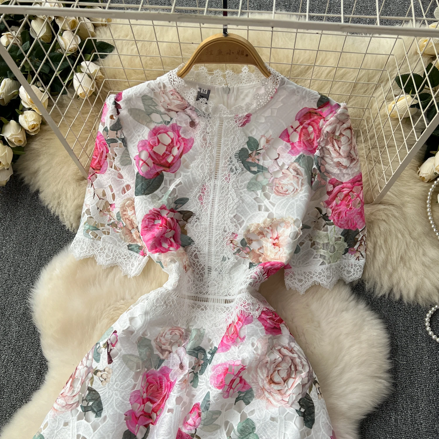 Runway Summer Flower Embroidery Crochet Lace Evening Prom Holiday Dress Women Short Sleeve Lace Patchwork Midi Vestidos 6949