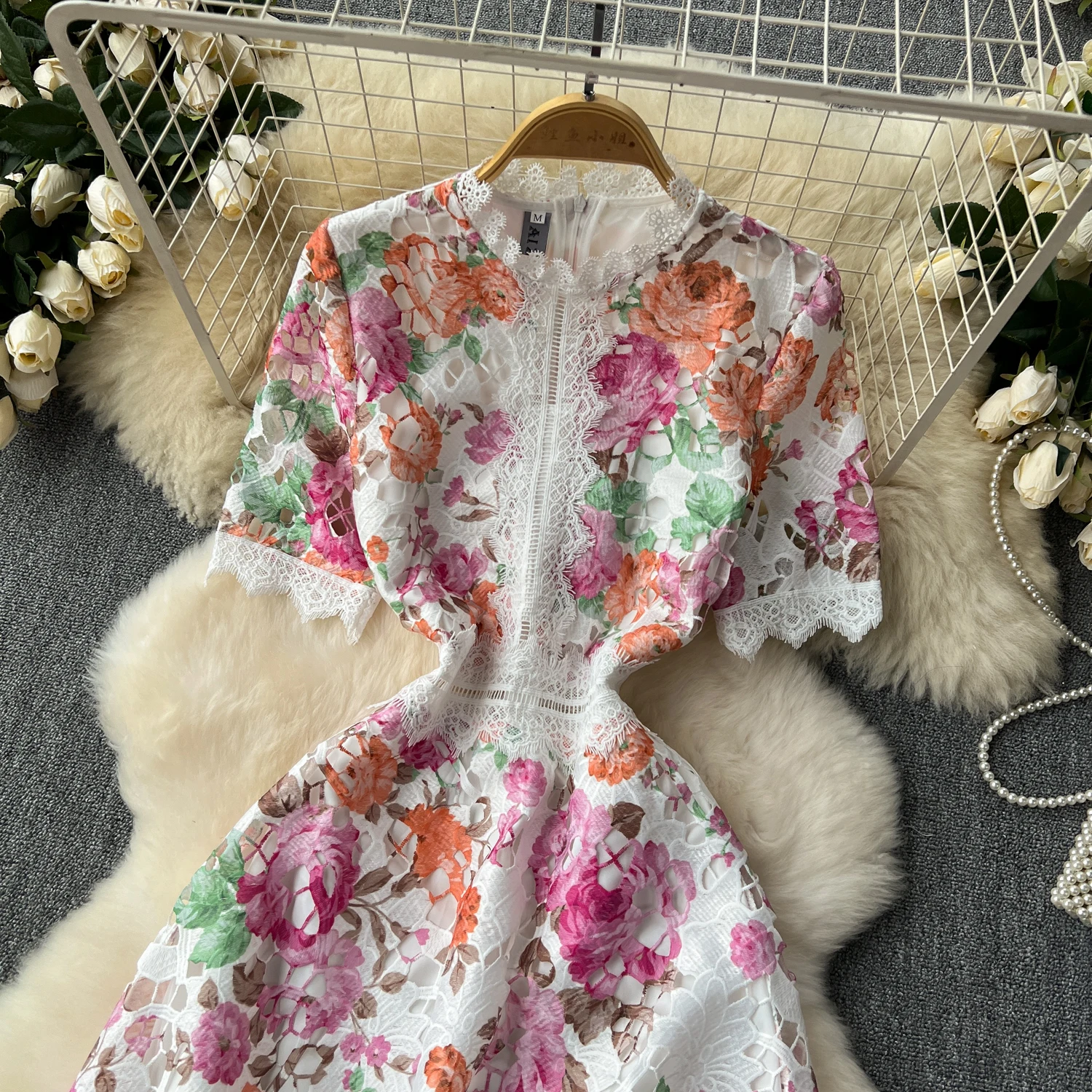 Runway Summer Flower Embroidery Crochet Lace Evening Prom Holiday Dress Women Short Sleeve Lace Patchwork Midi Vestidos 6949