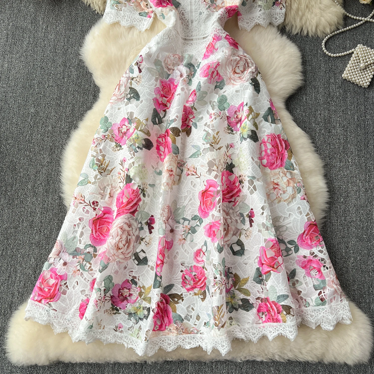 Runway Summer Flower Embroidery Crochet Lace Evening Prom Holiday Dress Women Short Sleeve Lace Patchwork Midi Vestidos 6949