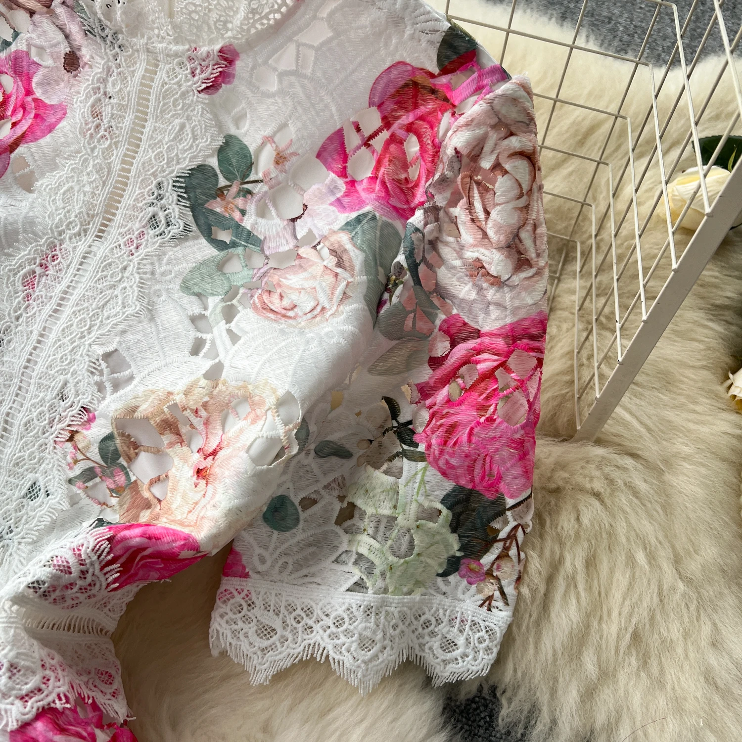 Runway Summer Flower Embroidery Crochet Lace Evening Prom Holiday Dress Women Short Sleeve Lace Patchwork Midi Vestidos 6949
