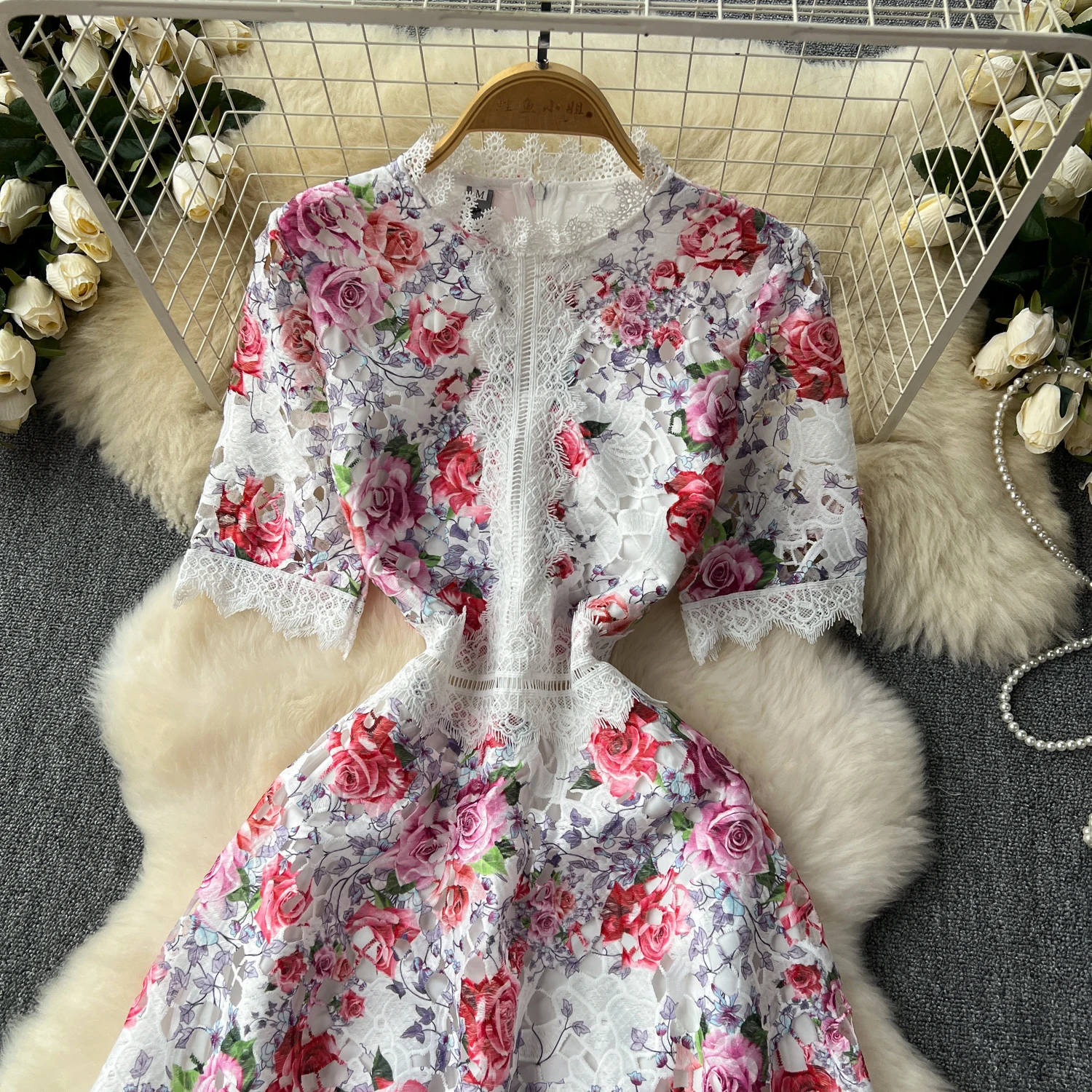 Runway Summer Flower Embroidery Crochet Lace Evening Prom Holiday Dress Women Short Sleeve Lace Patchwork Midi Vestidos 6949