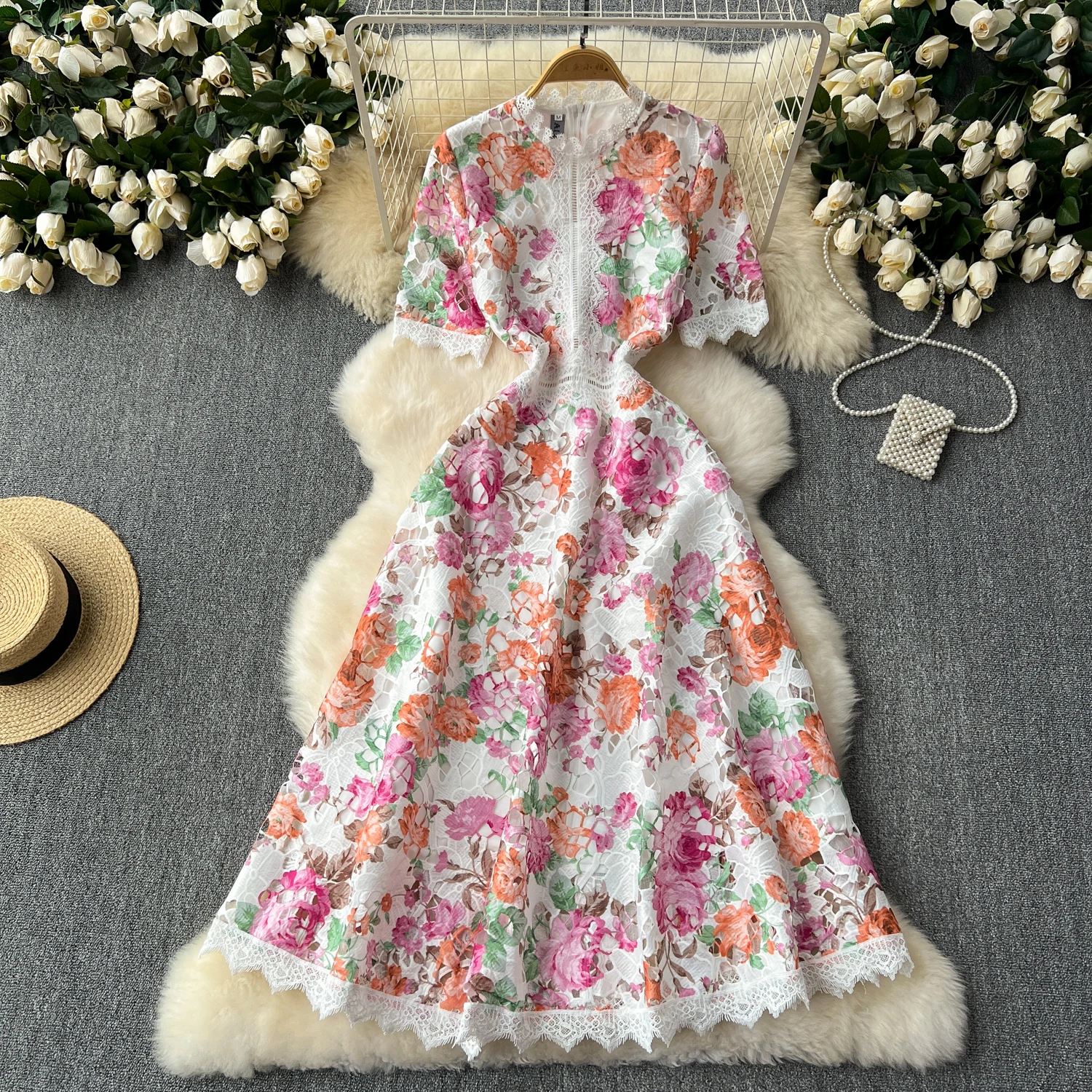 Runway Summer Flower Embroidery Crochet Lace Evening Prom Holiday Dress Women Short Sleeve Lace Patchwork Midi Vestidos 6949