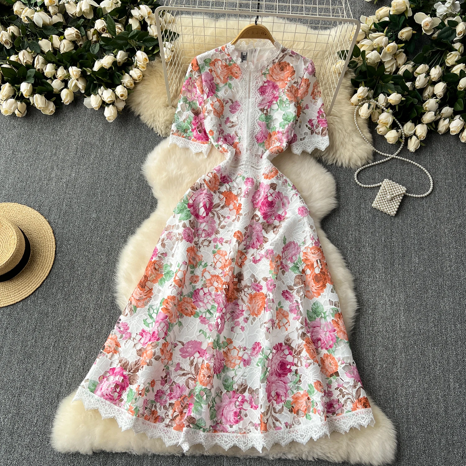 Runway Summer Flower Embroidery Crochet Lace Evening Prom Holiday Dress Women Short Sleeve Lace Patchwork Midi Vestidos 6949