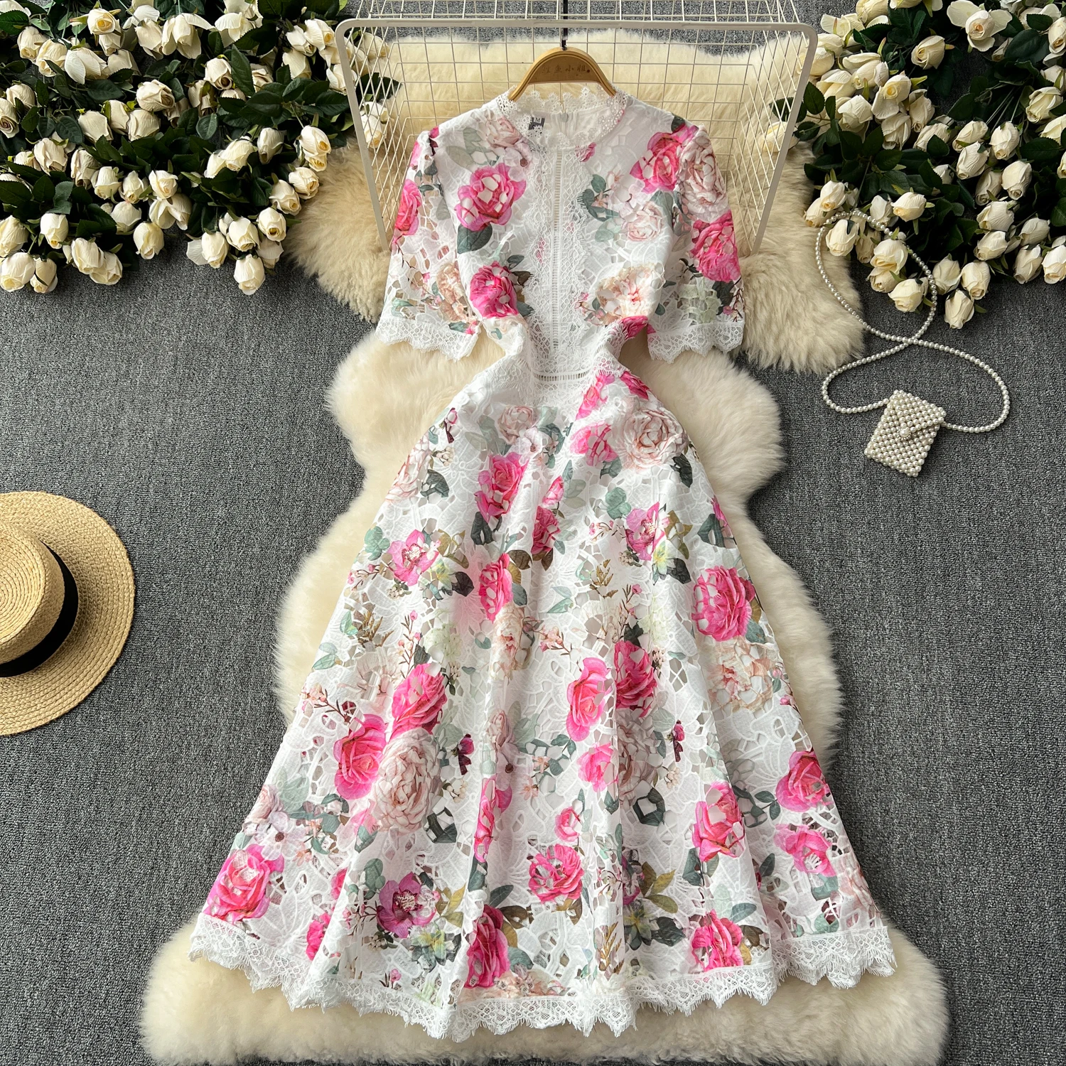 Runway Summer Flower Embroidery Crochet Lace Evening Prom Holiday Dress Women Short Sleeve Lace Patchwork Midi Vestidos 6949