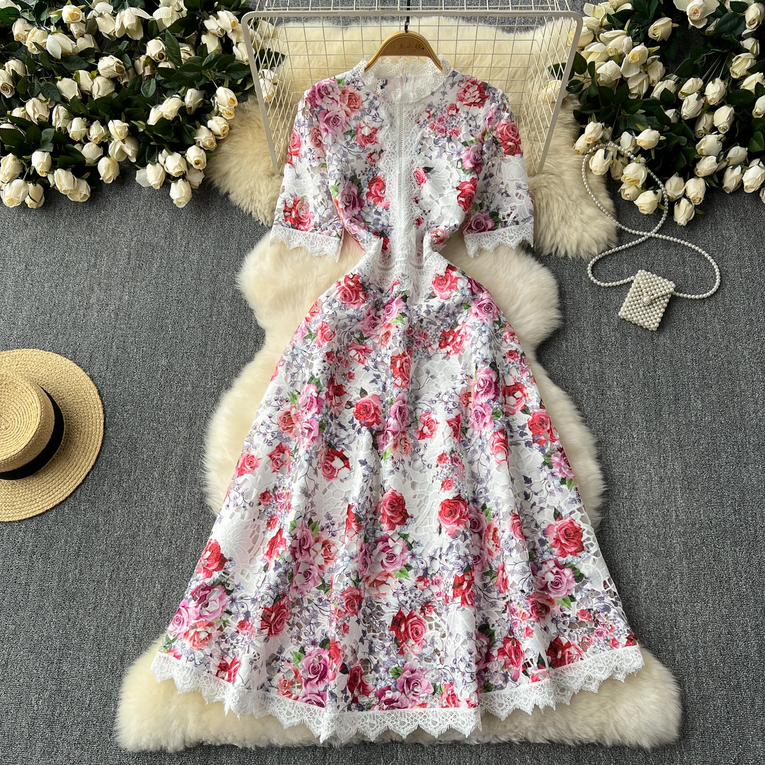 Runway Summer Flower Embroidery Crochet Lace Evening Prom Holiday Dress Women Short Sleeve Lace Patchwork Midi Vestidos 6949
