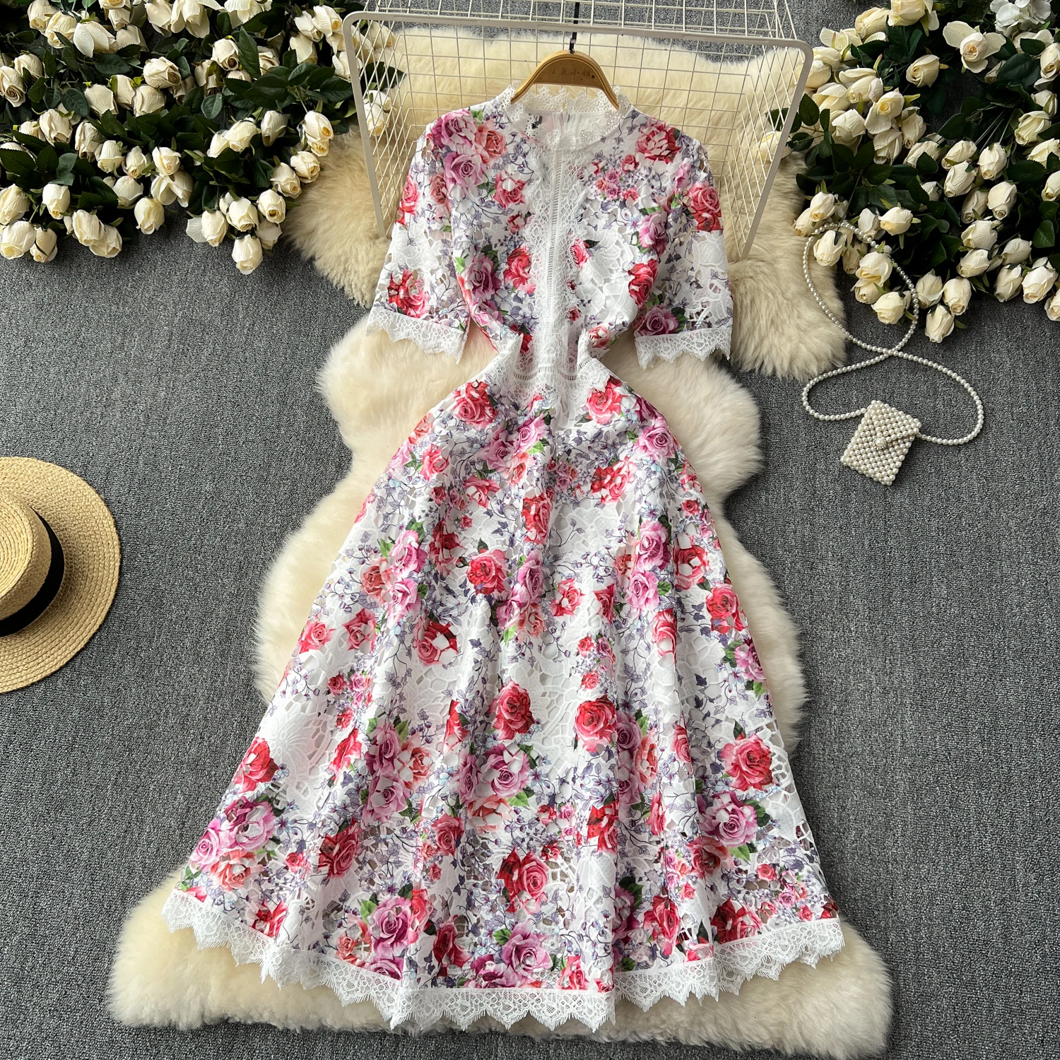 Runway Summer Flower Embroidery Crochet Lace Evening Prom Holiday Dress Women Short Sleeve Lace Patchwork Midi Vestidos 6949