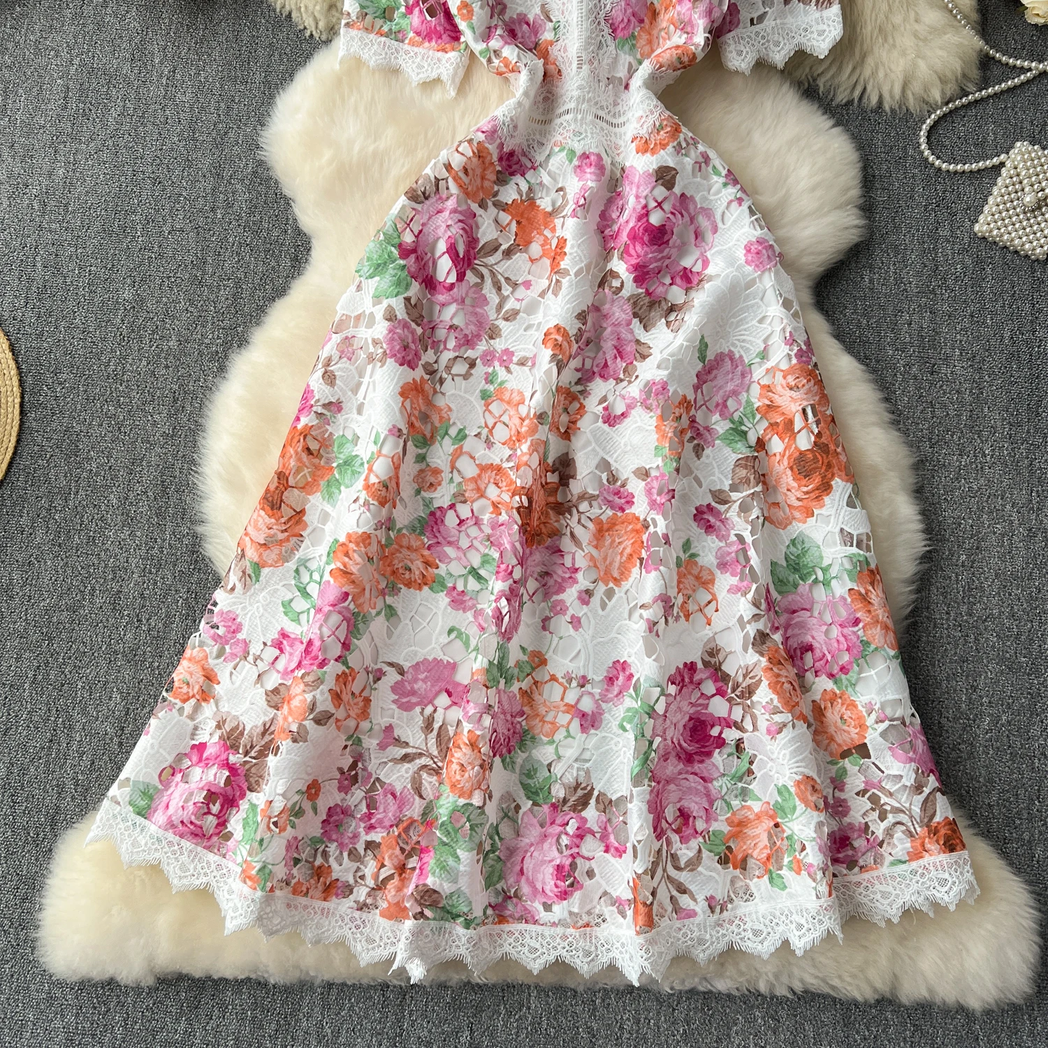 Runway Summer Flower Embroidery Crochet Lace Evening Prom Holiday Dress Women Short Sleeve Lace Patchwork Midi Vestidos 6949