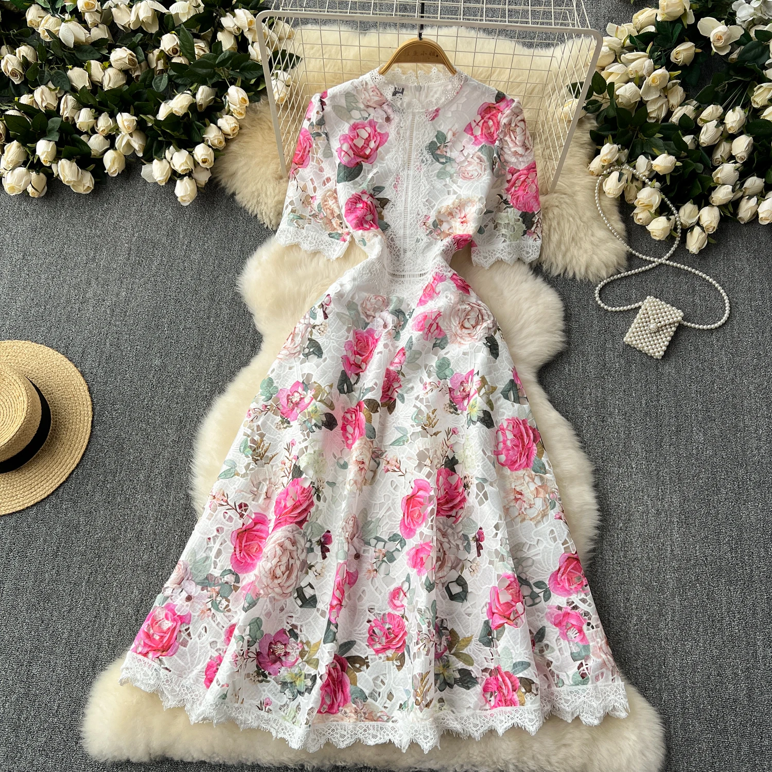 Runway Summer Flower Embroidery Crochet Lace Evening Prom Holiday Dress Women Short Sleeve Lace Patchwork Midi Vestidos 6949