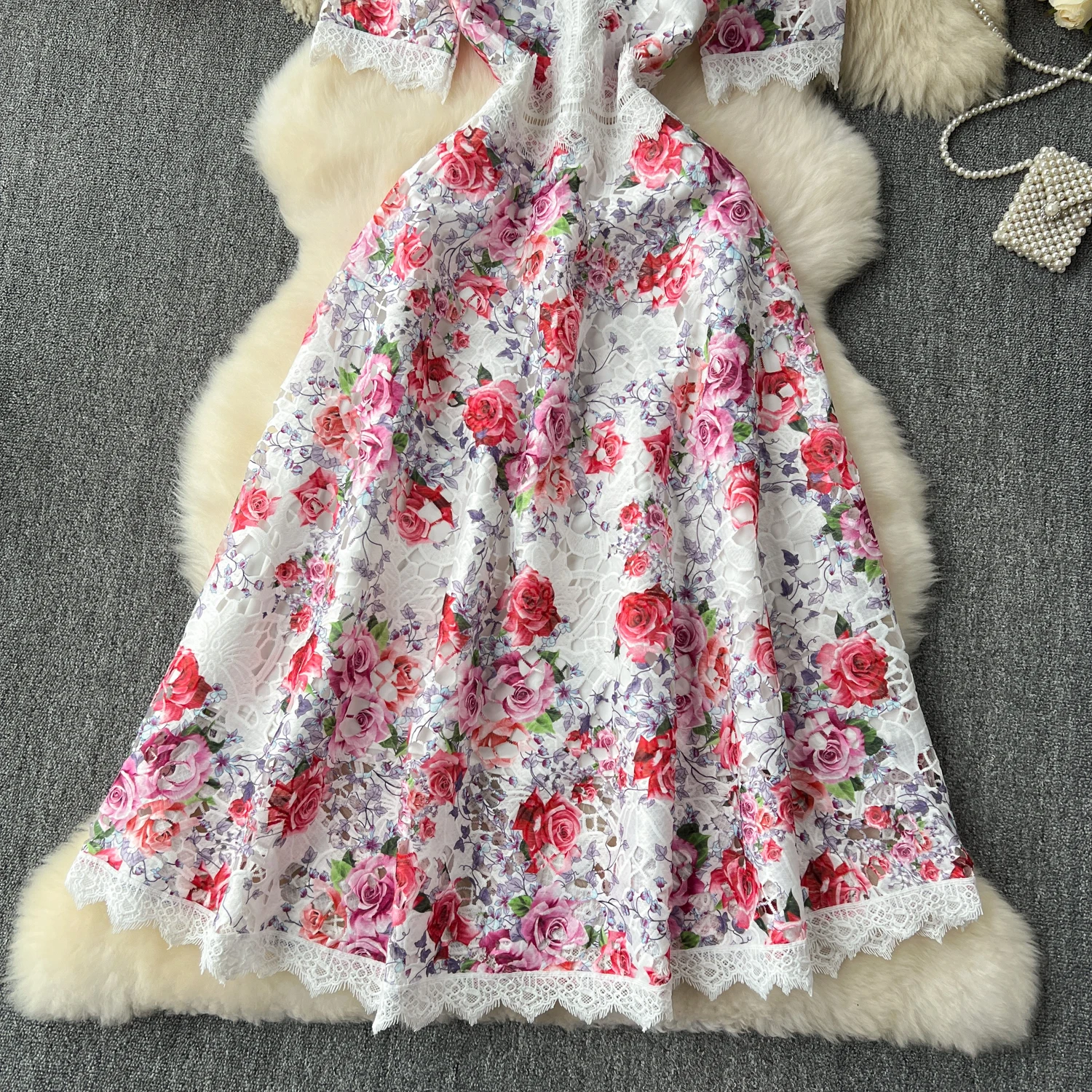 Runway Summer Flower Embroidery Crochet Lace Evening Prom Holiday Dress Women Short Sleeve Lace Patchwork Midi Vestidos 6949
