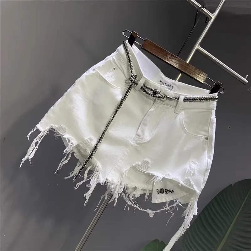2026 New Korean White Raw Irregular Denim Skirt Women's Anti-Walk Naked Hole Pocket Exposed Short Skirt