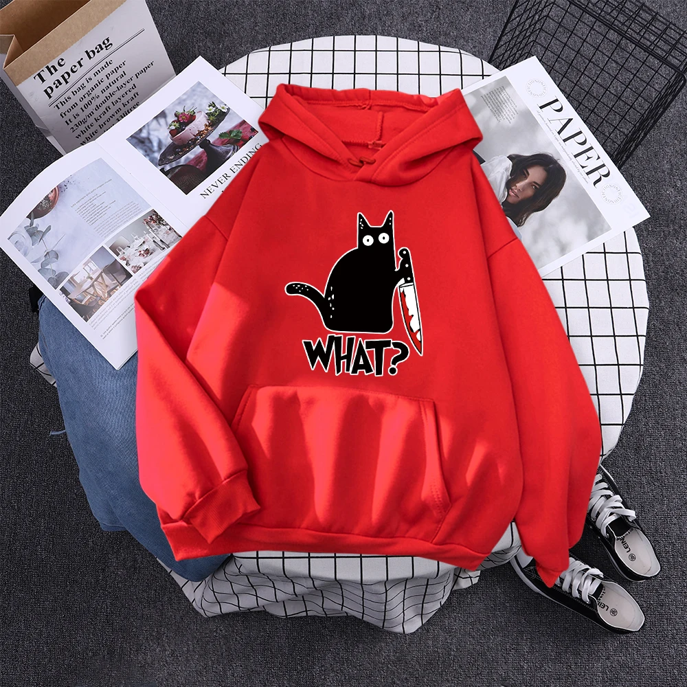 Hoody Little Black Cat And Knife Sweatshirt With Hooded Woman Oversized Aesthetic Hoodie Womens Winter Female Cats Hoodies