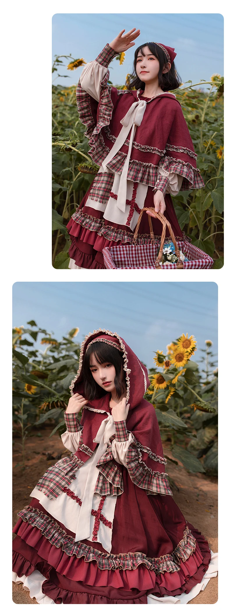 2025 HOT Sweet Girl Lolita Women Dress Vintage Patchwork Red Dresses with Cloak Cute Female Bing Cosplay Little Red Riding Hood