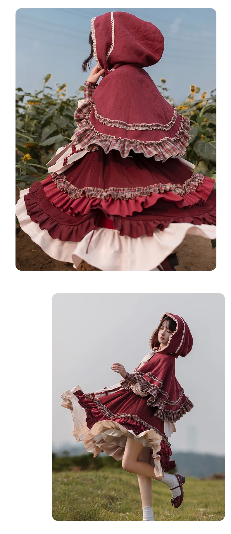 2025 HOT Sweet Girl Lolita Women Dress Vintage Patchwork Red Dresses with Cloak Cute Female Bing Cosplay Little Red Riding Hood