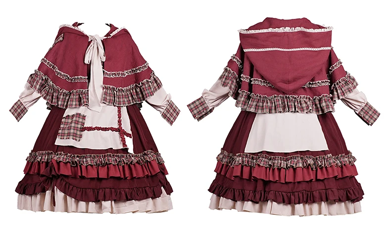 2025 HOT Sweet Girl Lolita Women Dress Vintage Patchwork Red Dresses with Cloak Cute Female Bing Cosplay Little Red Riding Hood