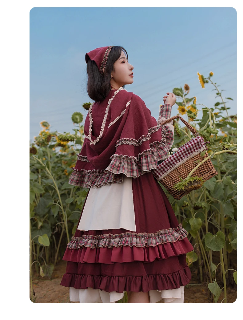 2025 HOT Sweet Girl Lolita Women Dress Vintage Patchwork Red Dresses with Cloak Cute Female Bing Cosplay Little Red Riding Hood
