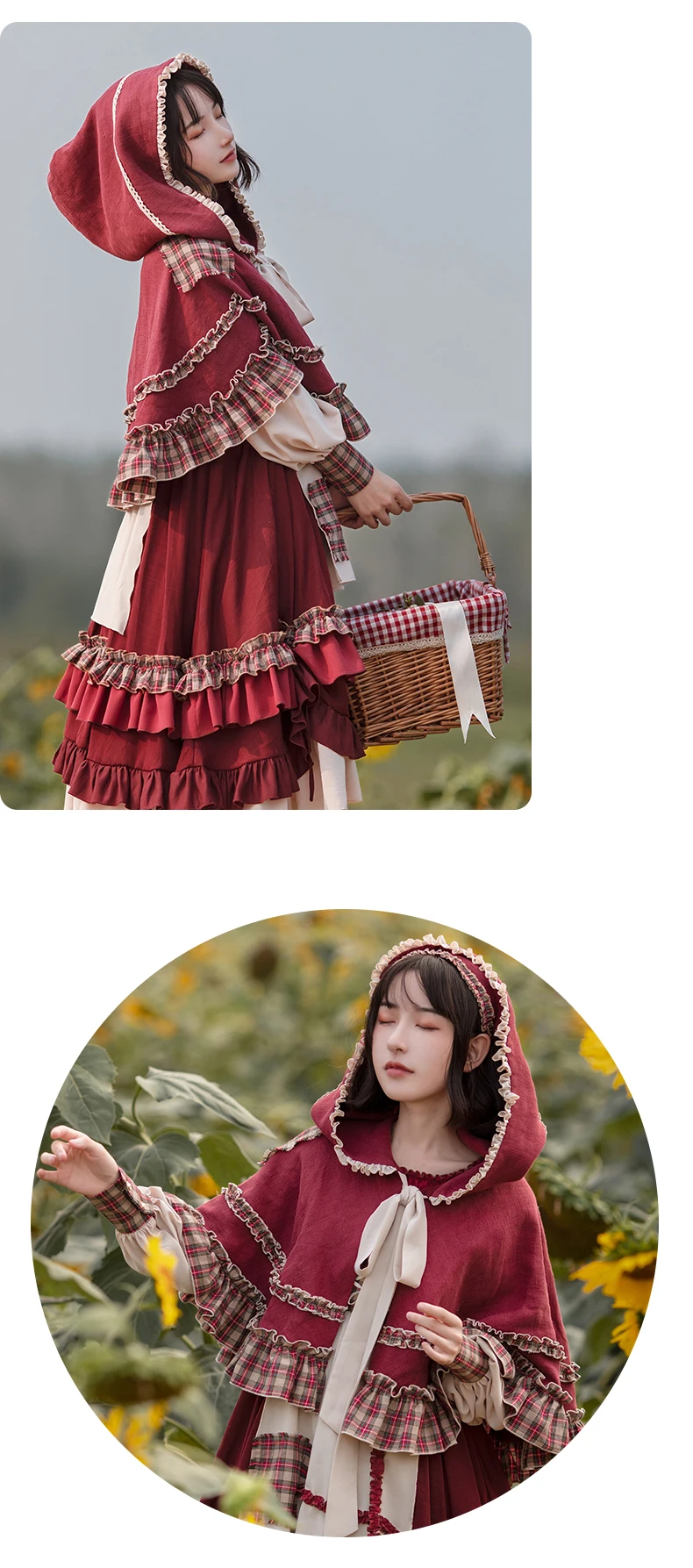 2025 HOT Sweet Girl Lolita Women Dress Vintage Patchwork Red Dresses with Cloak Cute Female Bing Cosplay Little Red Riding Hood