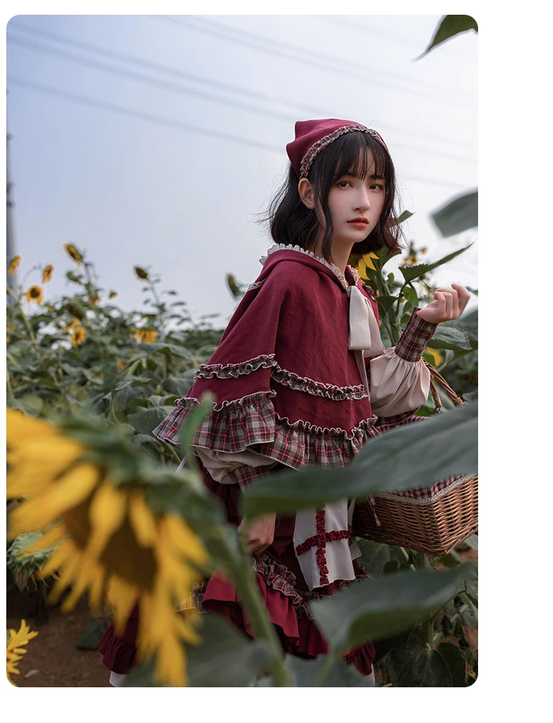 2025 HOT Sweet Girl Lolita Women Dress Vintage Patchwork Red Dresses with Cloak Cute Female Bing Cosplay Little Red Riding Hood