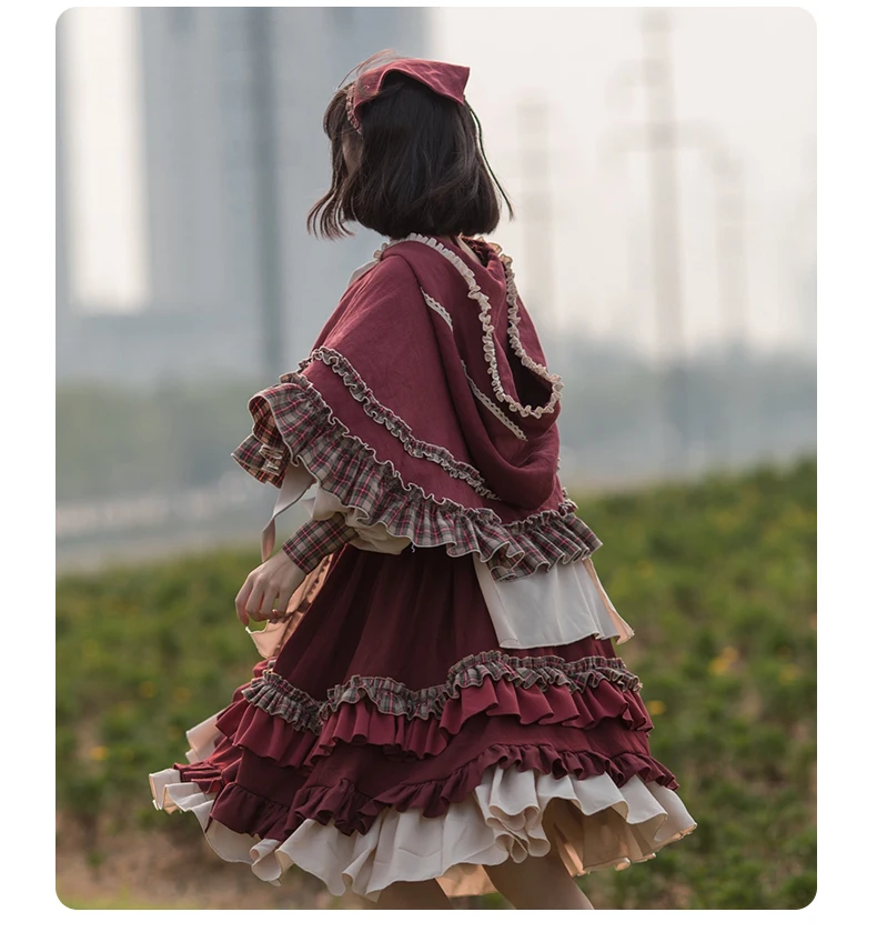 2025 HOT Sweet Girl Lolita Women Dress Vintage Patchwork Red Dresses with Cloak Cute Female Bing Cosplay Little Red Riding Hood