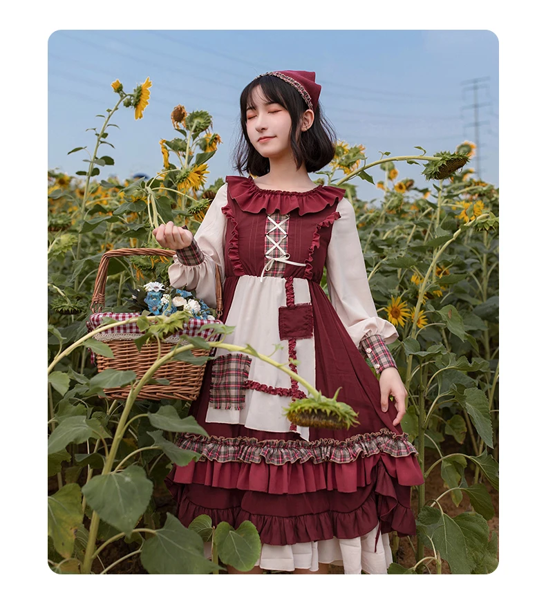 2025 HOT Sweet Girl Lolita Women Dress Vintage Patchwork Red Dresses with Cloak Cute Female Bing Cosplay Little Red Riding Hood