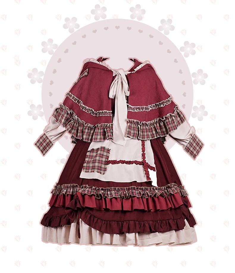 2025 HOT Sweet Girl Lolita Women Dress Vintage Patchwork Red Dresses with Cloak Cute Female Bing Cosplay Little Red Riding Hood