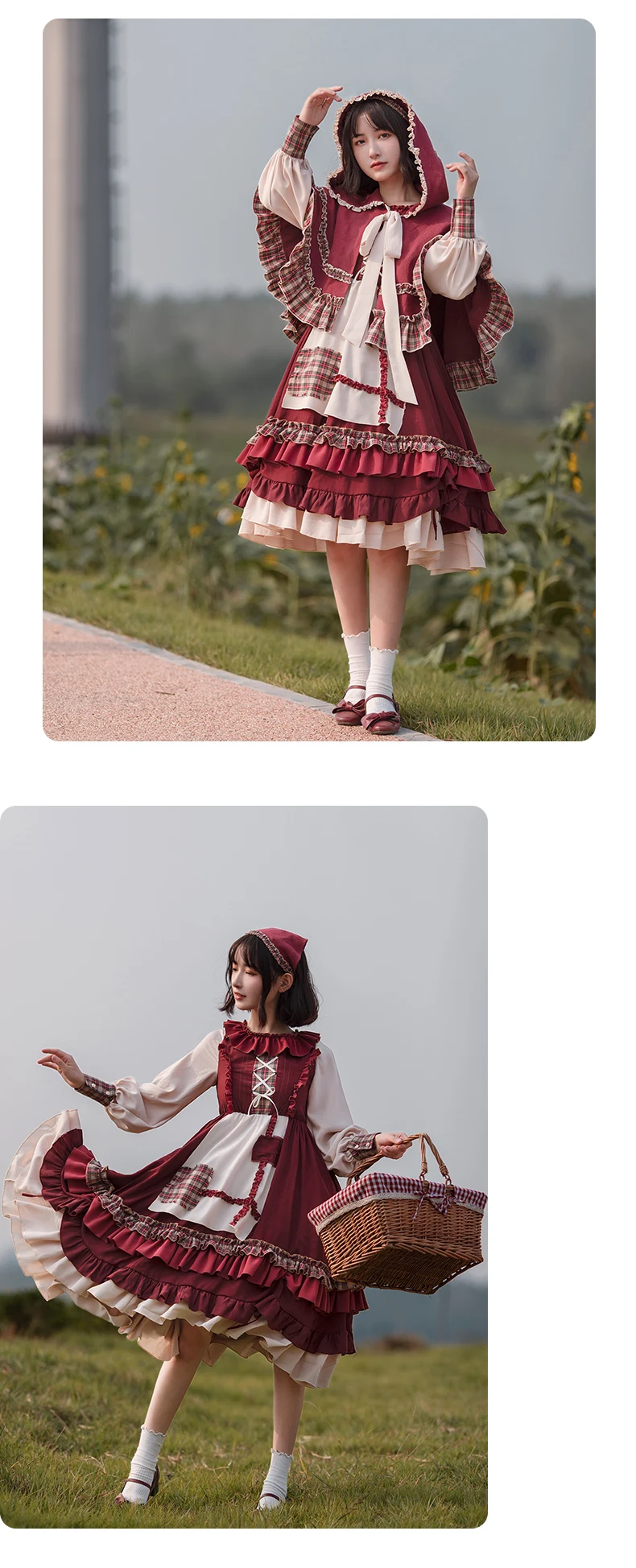 2025 HOT Sweet Girl Lolita Women Dress Vintage Patchwork Red Dresses with Cloak Cute Female Bing Cosplay Little Red Riding Hood