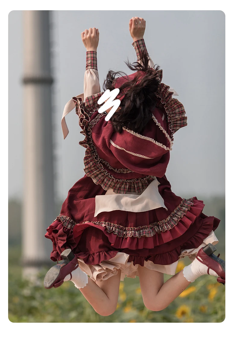2025 HOT Sweet Girl Lolita Women Dress Vintage Patchwork Red Dresses with Cloak Cute Female Bing Cosplay Little Red Riding Hood