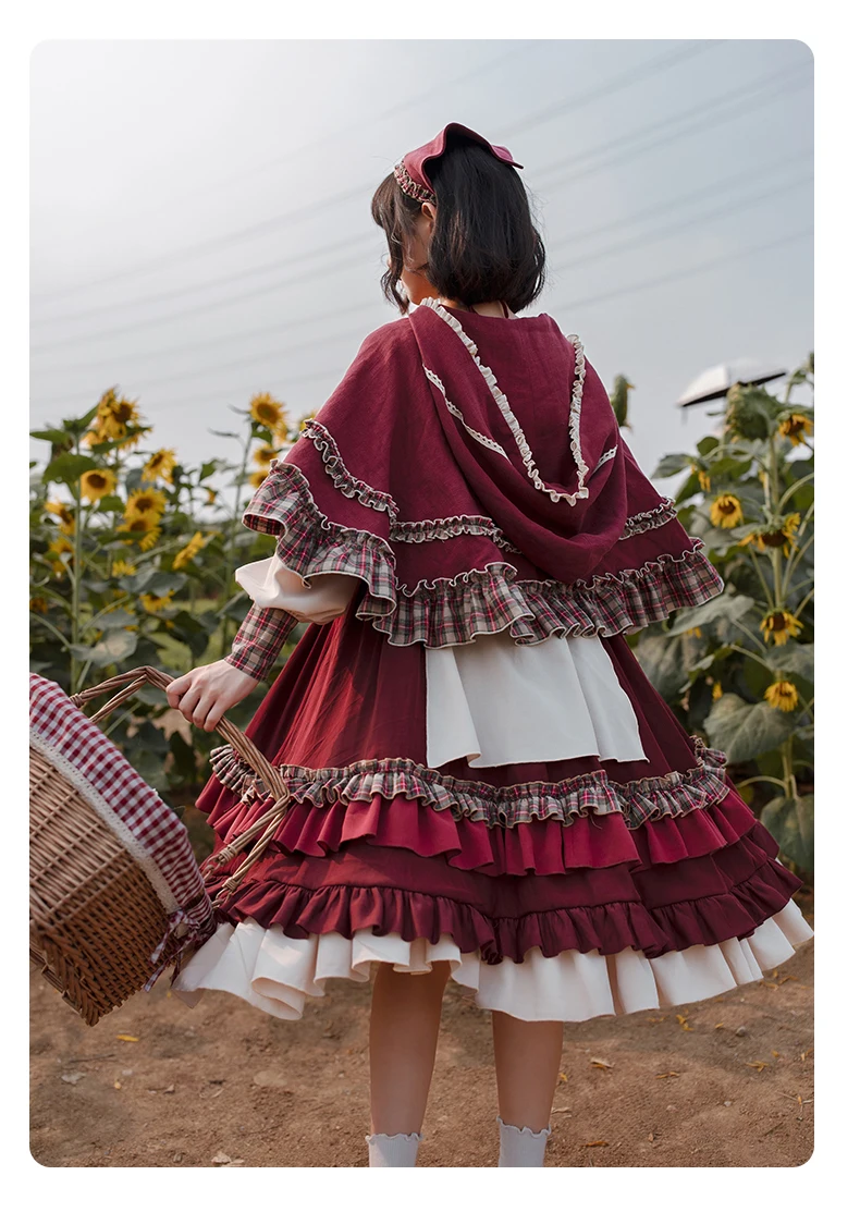 2025 HOT Sweet Girl Lolita Women Dress Vintage Patchwork Red Dresses with Cloak Cute Female Bing Cosplay Little Red Riding Hood