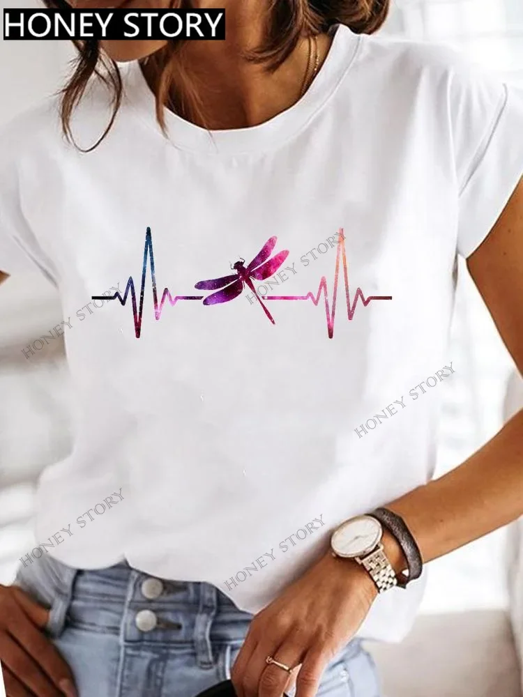 Dragonfly Butterfly Print Base Top Loose Women's Short-sleeved T-shirt Round Neck Oversized T Shirt Women Clothes TEE