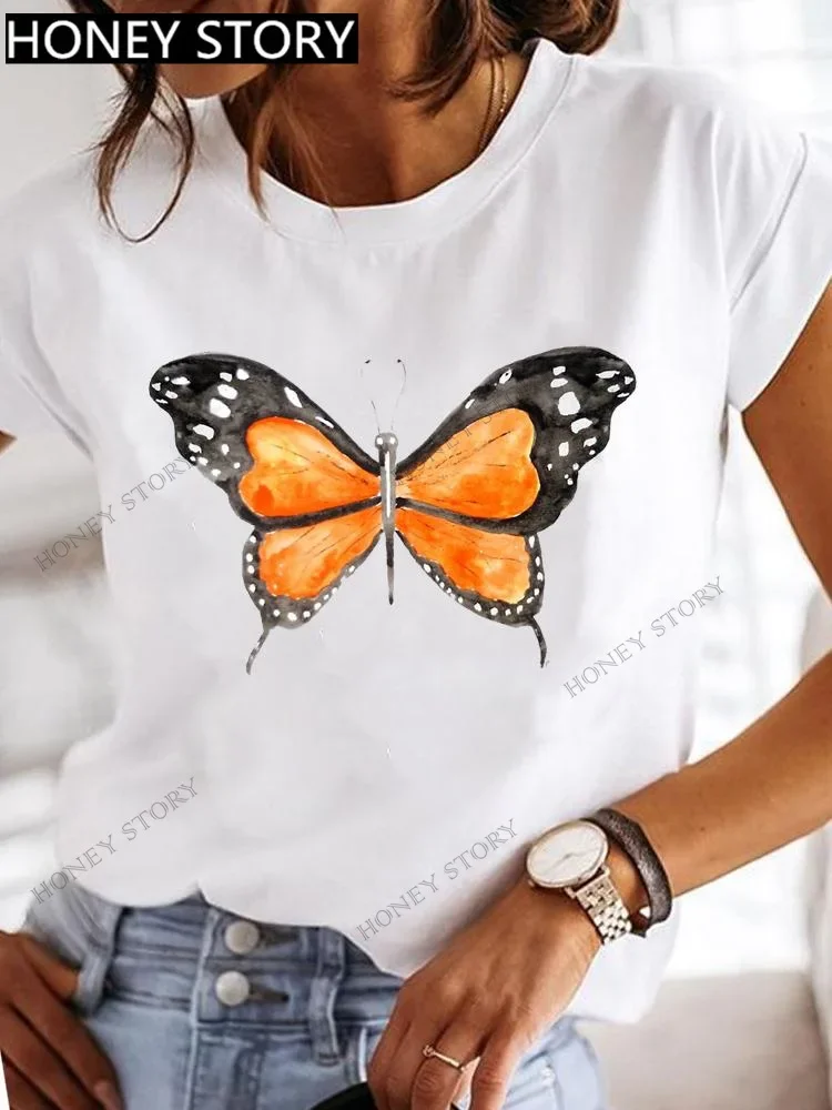 Dragonfly Butterfly Print Base Top Loose Women's Short-sleeved T-shirt Round Neck Oversized T Shirt Women Clothes TEE