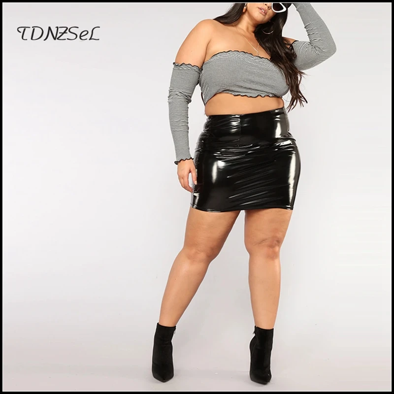 Plus Size Women Faux Latex Mini Skirt High Waist PVC Leather Skirt Ladies Sexy Stretchy Bodycon Short Skirt Clubwear Custom