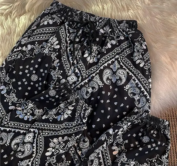 Paisley Women Vintage Trousers Summer Long Pants Bloomers Chiffon Pencil Thin