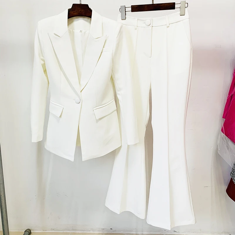 HIGH STREET Newest 2026 Runway Designer Suit Set Women's Single Button Blazer Flare Pants Suit