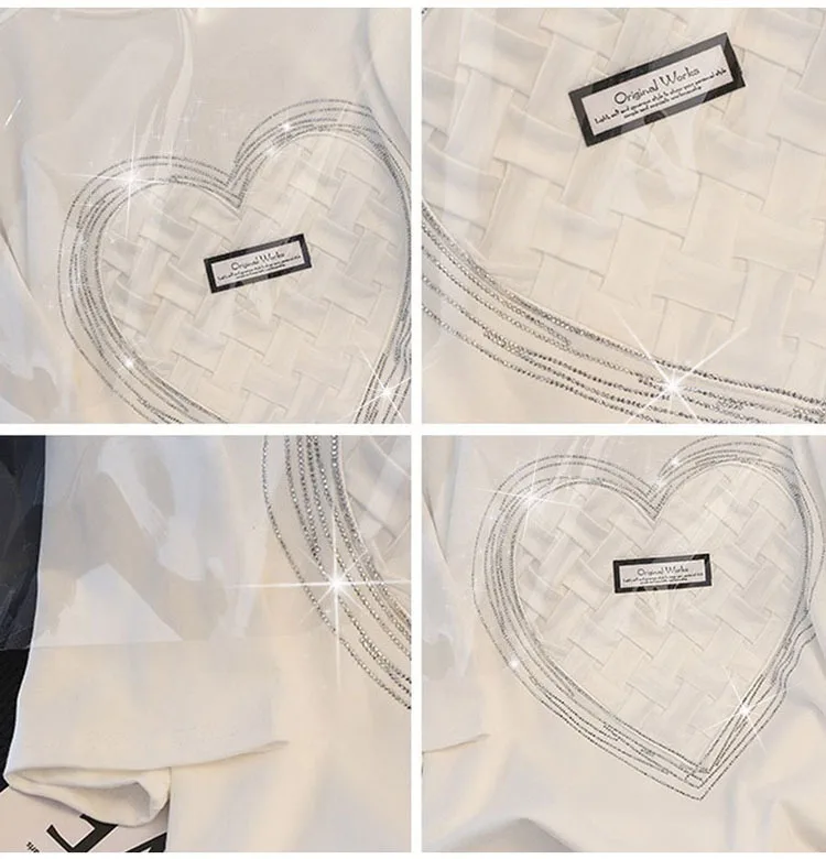 2022 New Short-sleeved T-shirt Women's Hot Drilling Love Heart T shirts Fashion Women Tees Plus size L-4XL 45-150KG