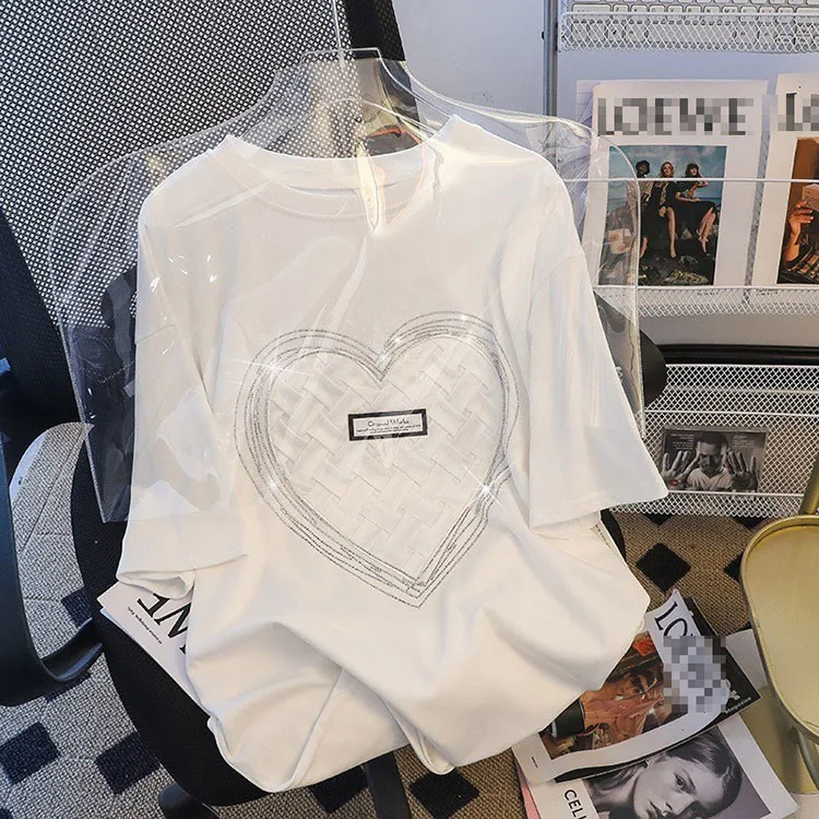 2022 New Short-sleeved T-shirt Women's Hot Drilling Love Heart T shirts Fashion Women Tees Plus size L-4XL 45-150KG