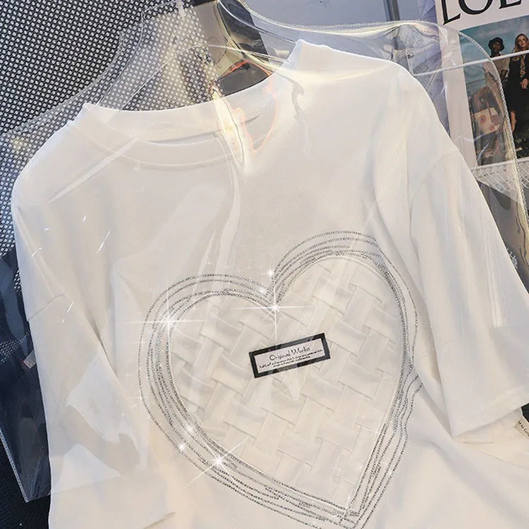 2022 New Short-sleeved T-shirt Women's Hot Drilling Love Heart T shirts Fashion Women Tees Plus size L-4XL 45-150KG