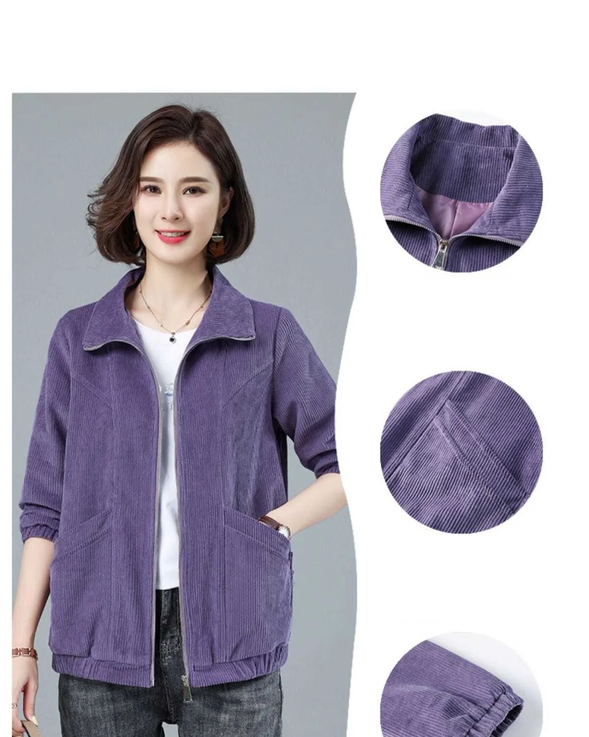 Corduroy Jacket 7XL 8XL Women's Short Loose Long-sleeved Zipper Coat Solid Casual Female Outwear Tops 2022 Spring Autumn New