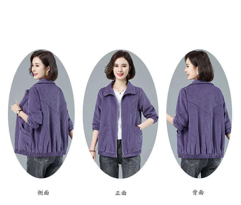 Corduroy Jacket 7XL 8XL Women's Short Loose Long-sleeved Zipper Coat Solid Casual Female Outwear Tops 2022 Spring Autumn New