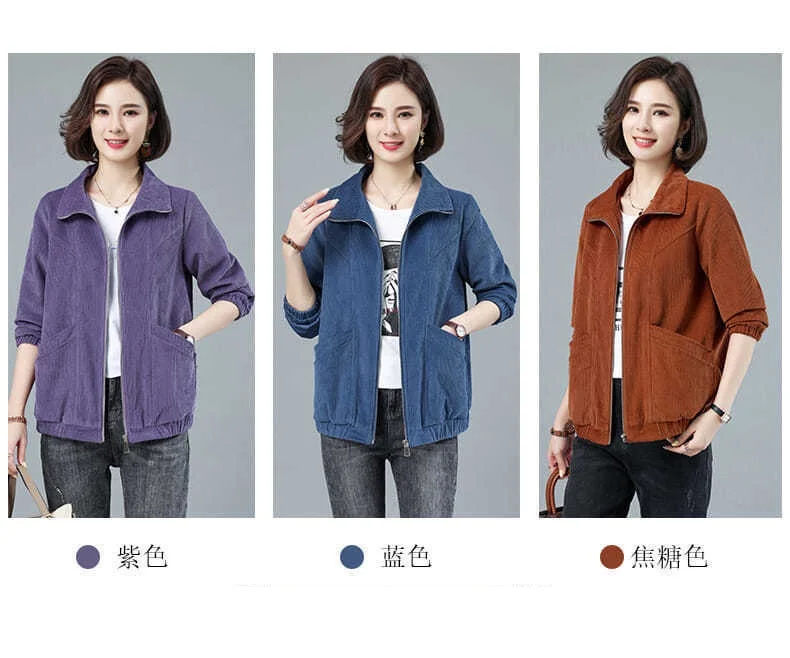 Corduroy Jacket 7XL 8XL Women's Short Loose Long-sleeved Zipper Coat Solid Casual Female Outwear Tops 2022 Spring Autumn New