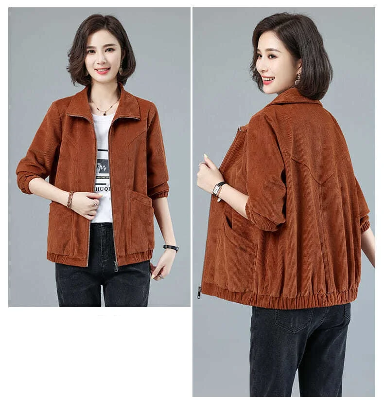 Corduroy Jacket 7XL 8XL Women's Short Loose Long-sleeved Zipper Coat Solid Casual Female Outwear Tops 2022 Spring Autumn New