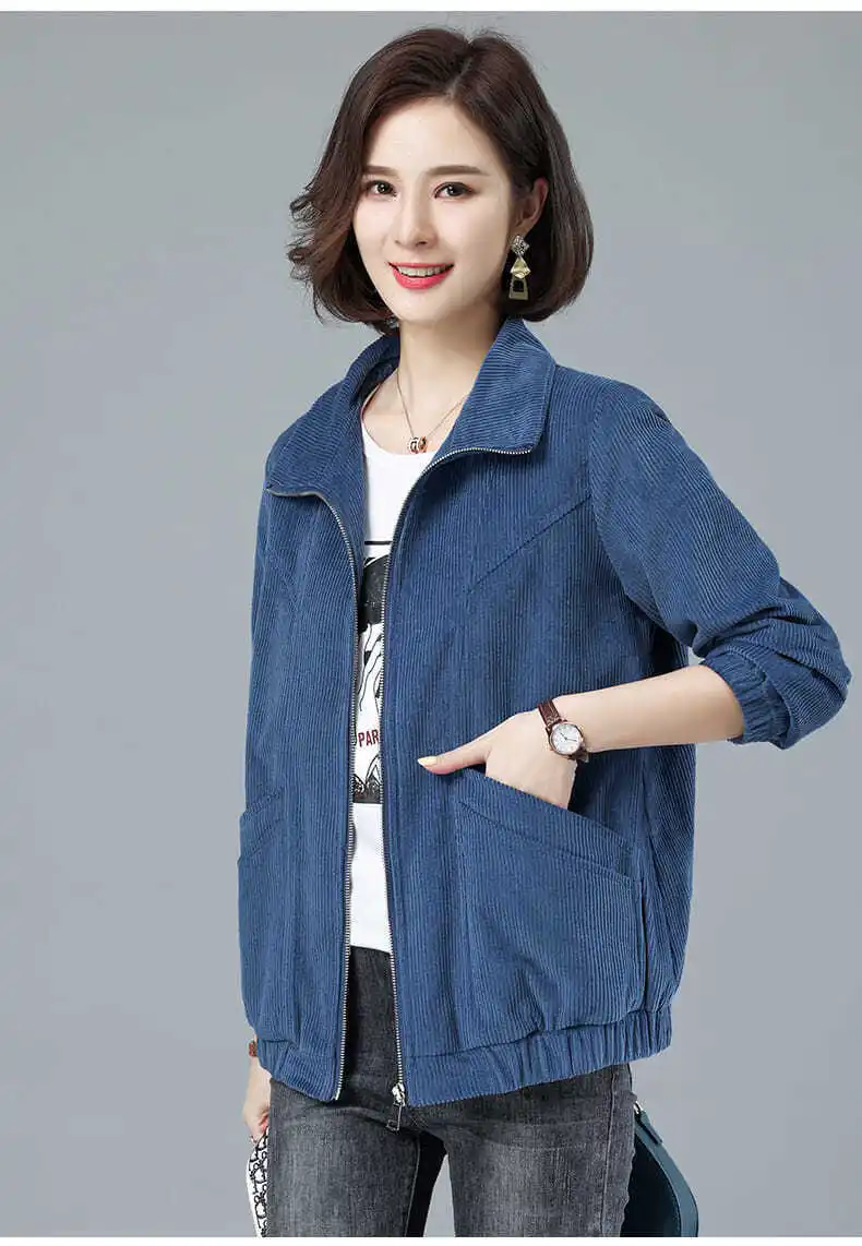 Corduroy Jacket 7XL 8XL Women's Short Loose Long-sleeved Zipper Coat Solid Casual Female Outwear Tops 2022 Spring Autumn New