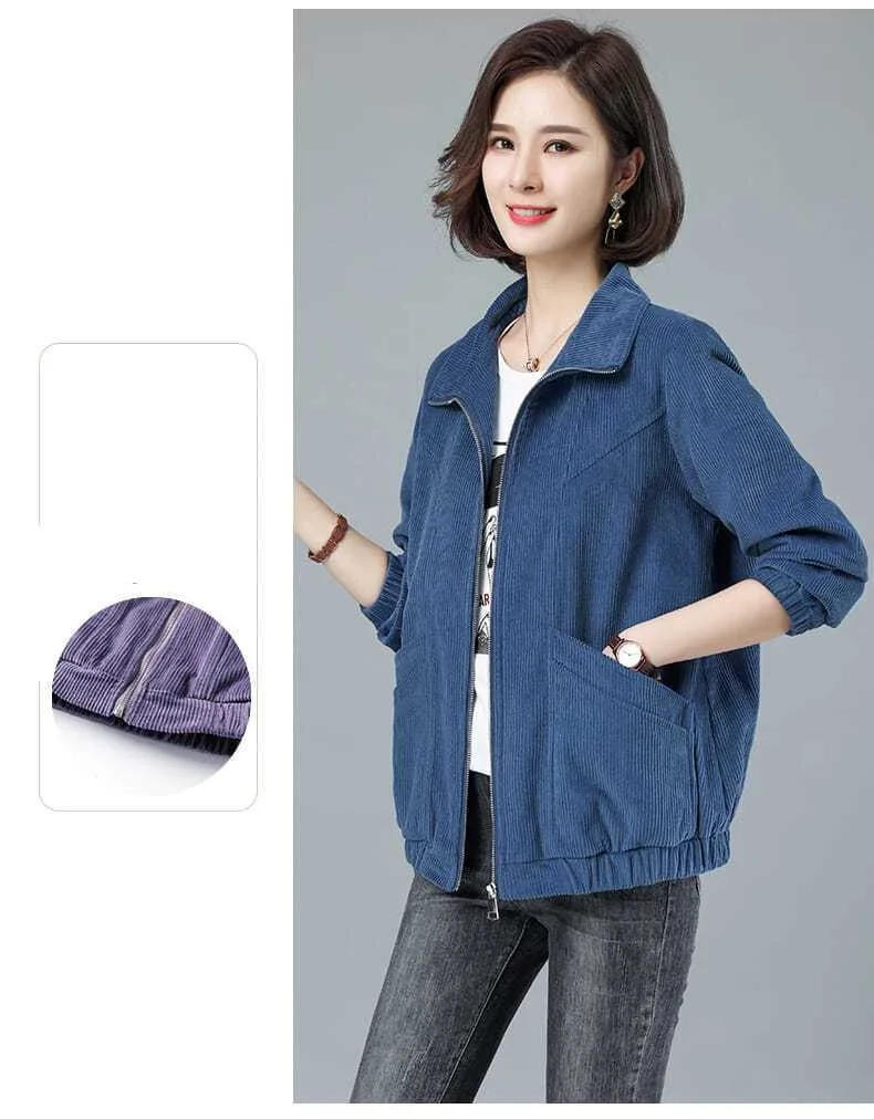 Corduroy Jacket 7XL 8XL Women's Short Loose Long-sleeved Zipper Coat Solid Casual Female Outwear Tops 2022 Spring Autumn New