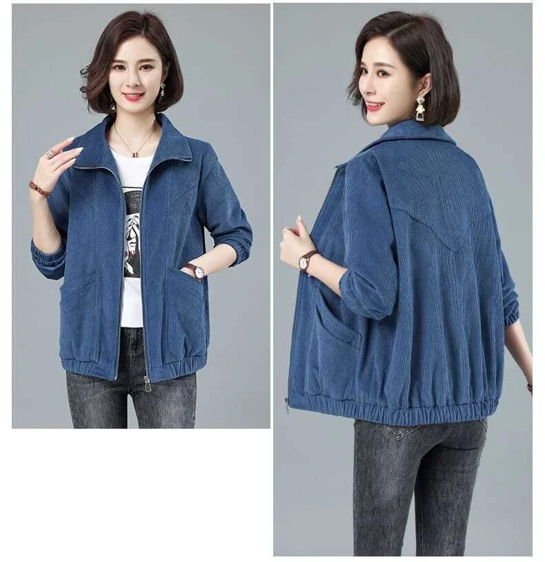 Corduroy Jacket 7XL 8XL Women's Short Loose Long-sleeved Zipper Coat Solid Casual Female Outwear Tops 2022 Spring Autumn New